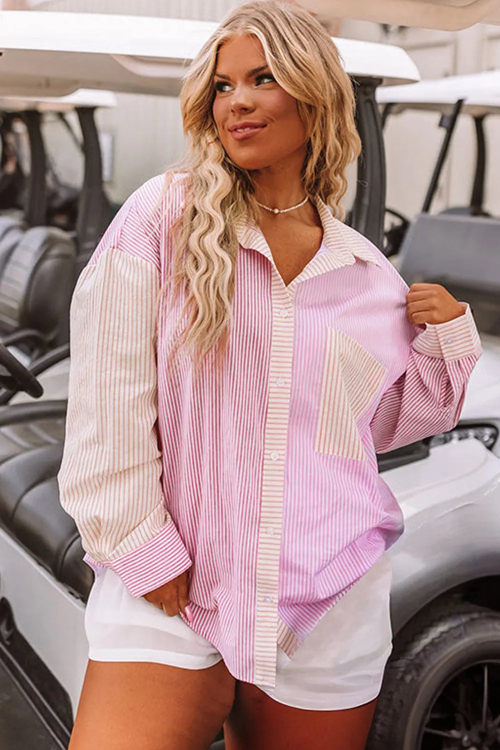 Pink Stripe Print Colorblock Plus Size Shirt - Chic Meadow Boutique 