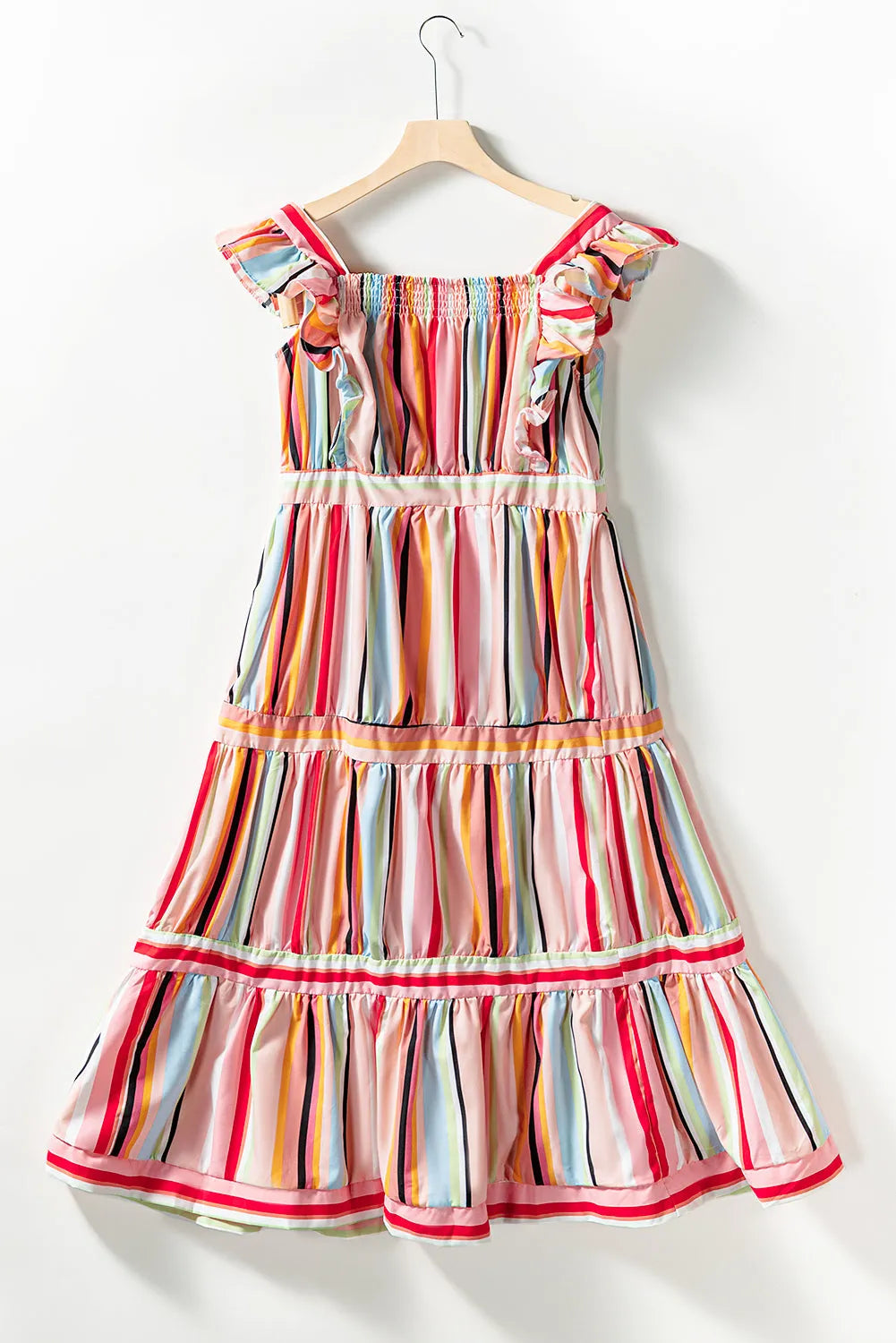 Pink Rainbow Stripe Ruffles Ruched Tiered Dress - Chic Meadow Boutique 