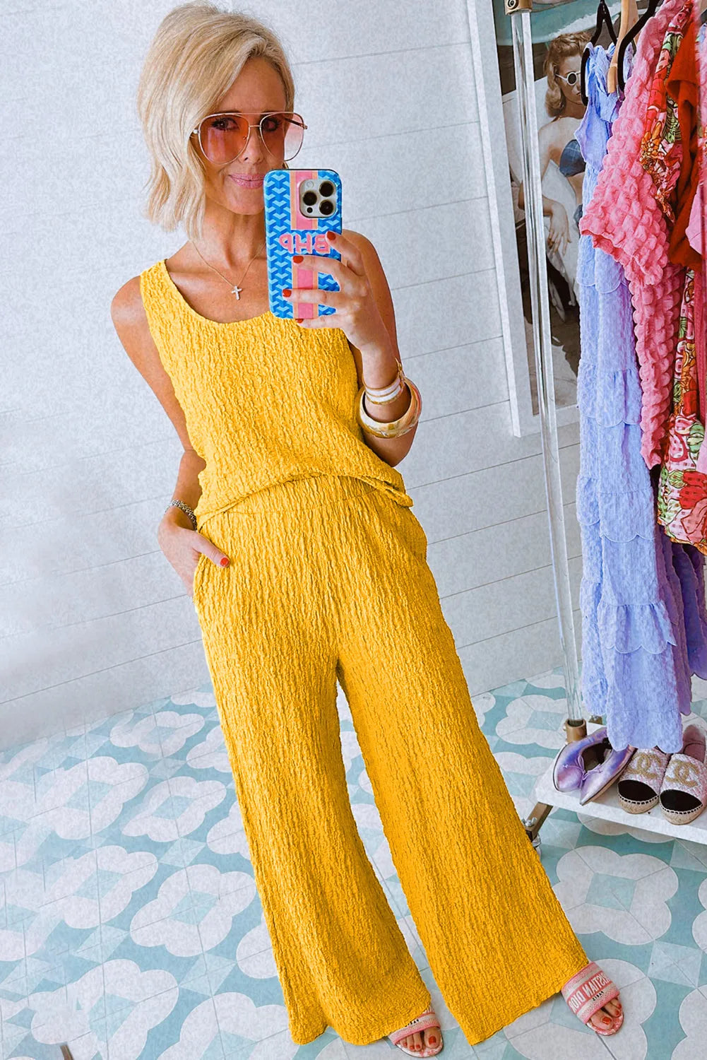 Yellow Crinkled U Neck Tank Top and Wide Leg Pants Set - Chic Meadow Boutique 