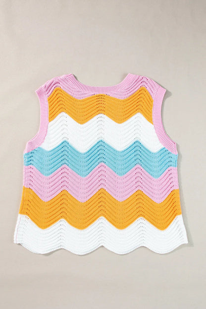 Multicolour Striped Colorblock Scalloped Hem Knitted Vest - Chic Meadow Boutique 