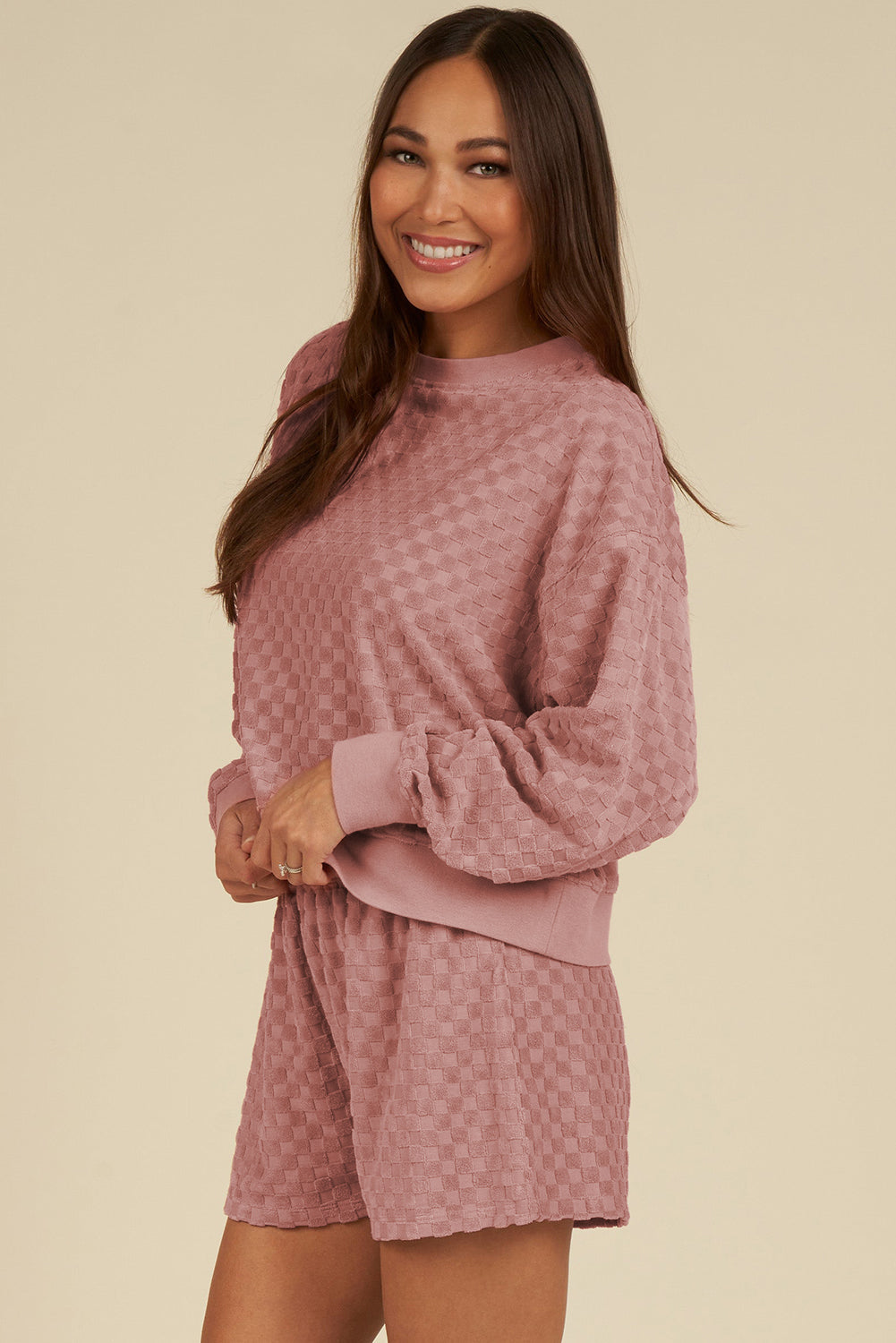 Blossom Checkered Textured Long Sleeve Top and Shorts Set