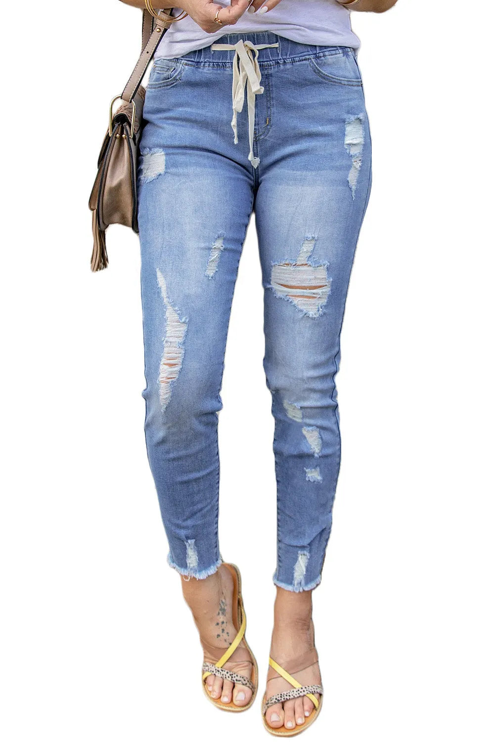 Sky Blue Drawstring Elastic Waist Hole Ripped Jeans - Chic Meadow Boutique 