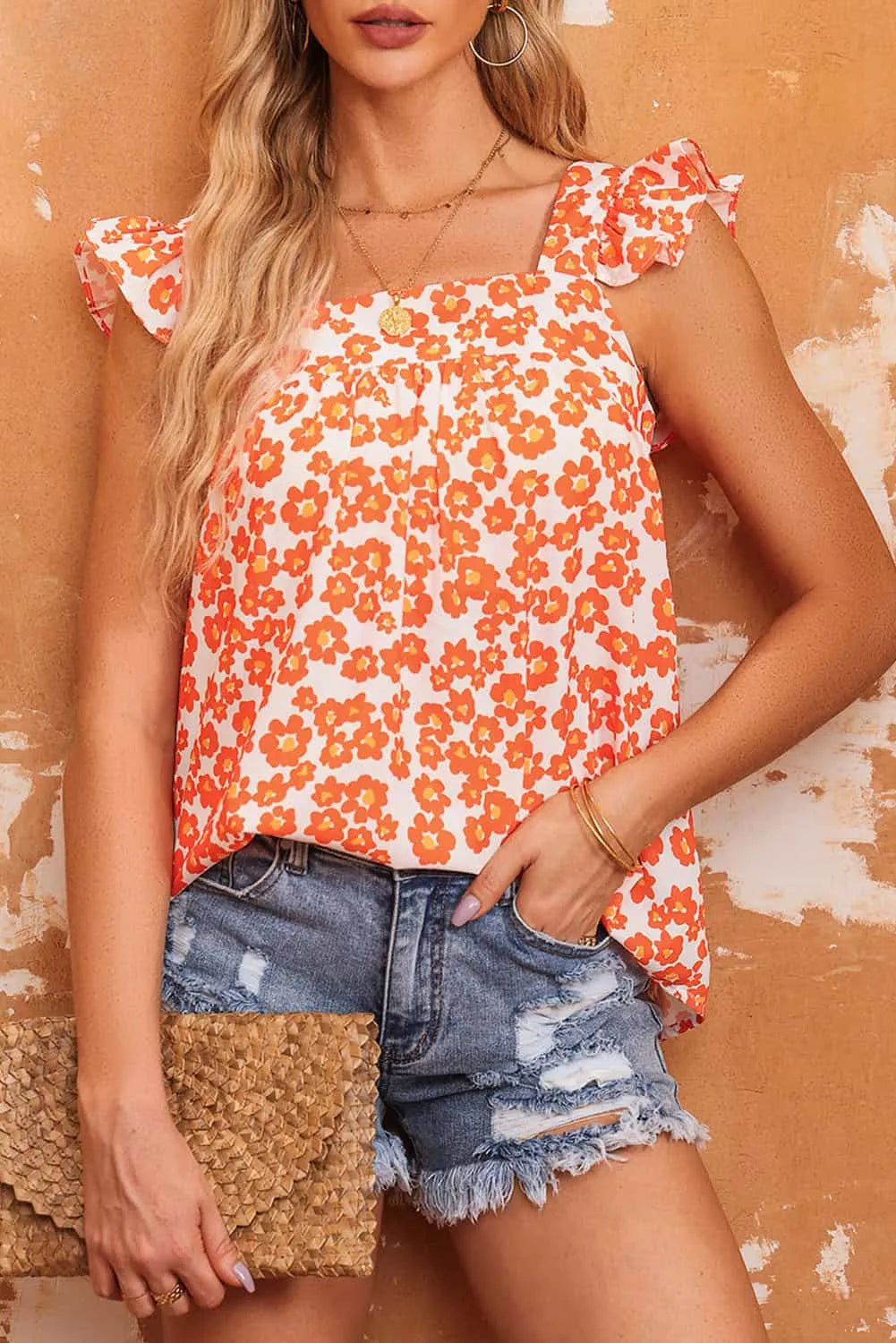 Tops/Tank Tops Orange / S / 100%Polyester Orange Floral Print Square Neck Ruffle Tank Top