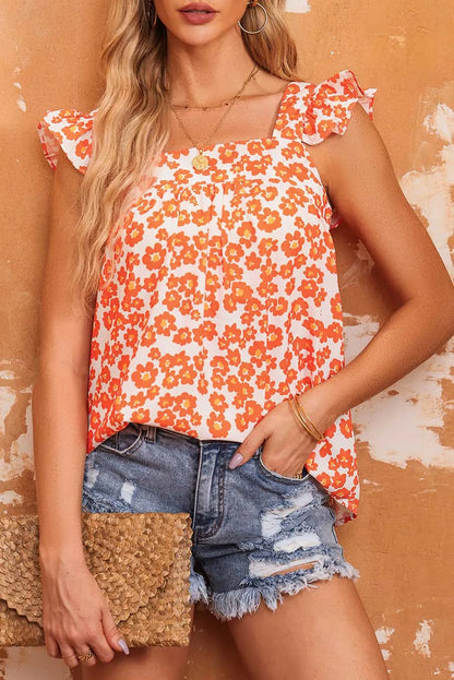 Tops/Tank Tops Orange / S / 100%Polyester Orange Floral Print Square Neck Ruffle Tank Top