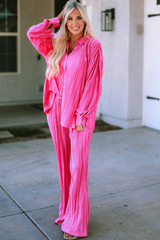 Rose Pleated Long Sleeve Shirt and Wide-Leg Pants Set