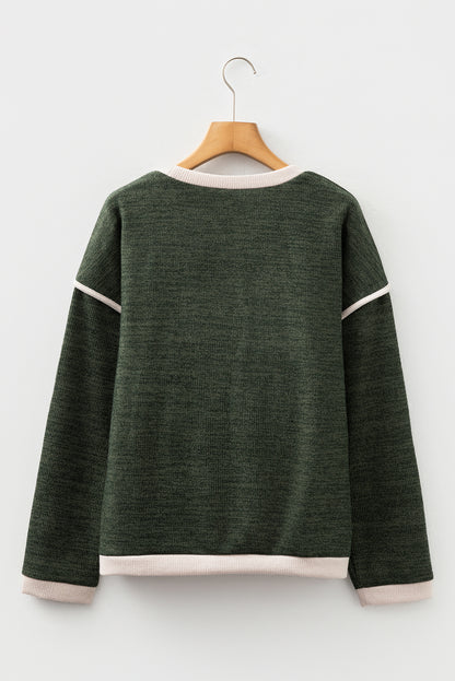 Four Leaf Clover Contrast Color Trim Knit Drop Shoulder Loose Top