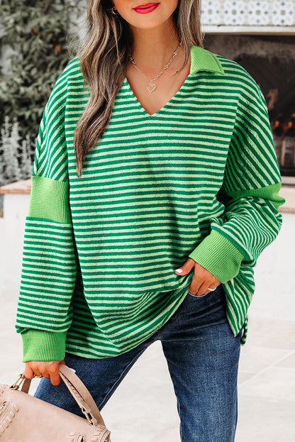 Green Stripe Turn-Down V Neck Patchwork Loose Top