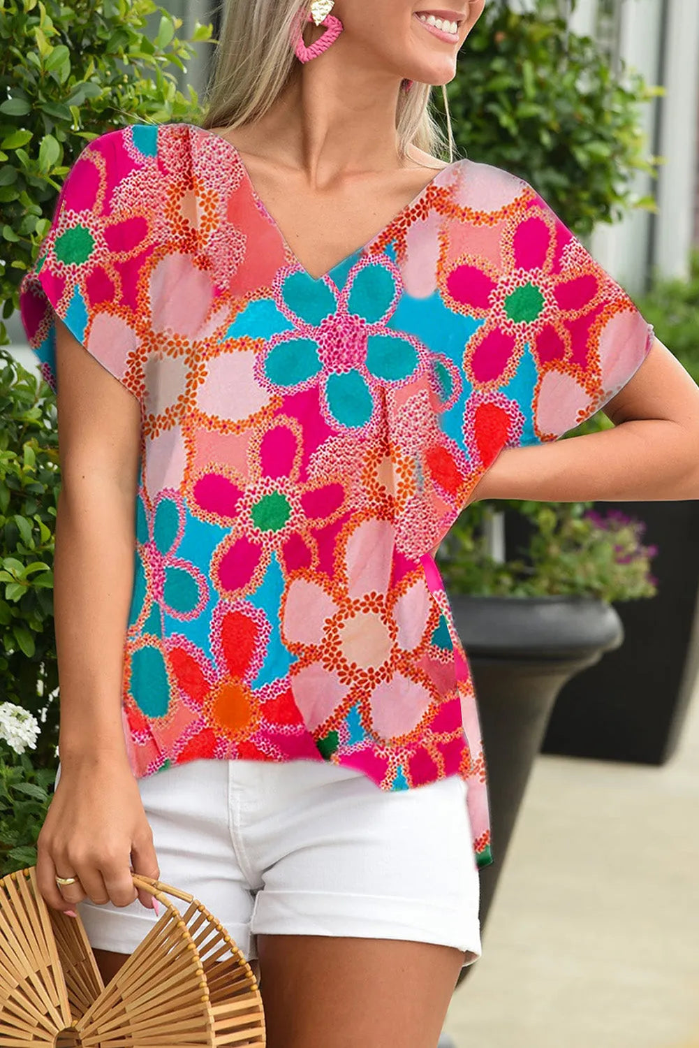 Pink Abstract Print V Neck Dolman Blouse - Chic Meadow Boutique 