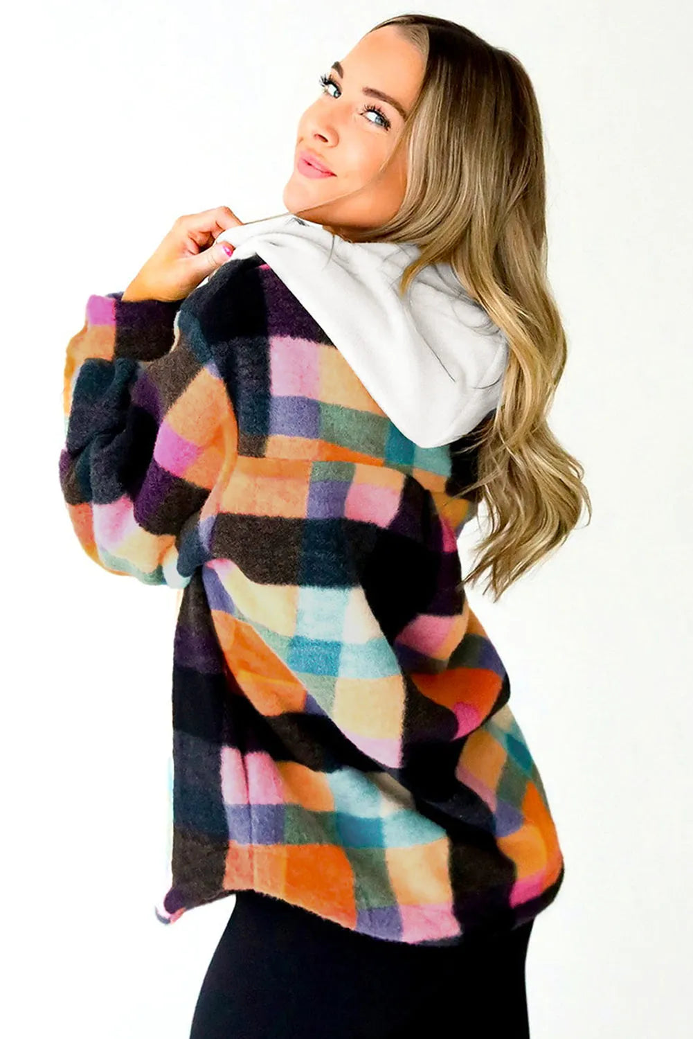 Multicolour Plaid Color Block Flap Pocket Buttoned Hoodie - Chic Meadow Boutique 