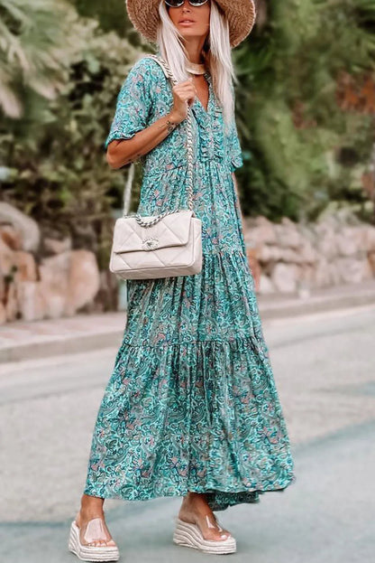 Sky Blue Paisley Print Boho Holiday Ruffle Tiered Maxi Dress - Chic Meadow Boutique 