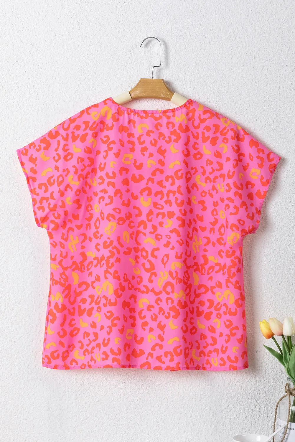 Pink Leopard V Neck Short Sleeve Blouse - Chic Meadow Boutique 