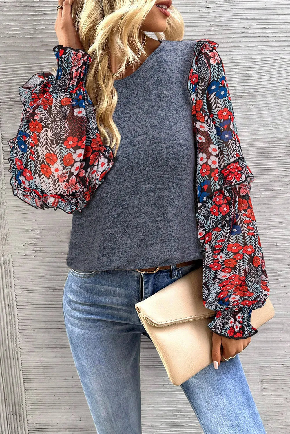 Blue Ruffle Tiered Floral Sleeve Crew Neck Blouse - Chic Meadow Boutique 