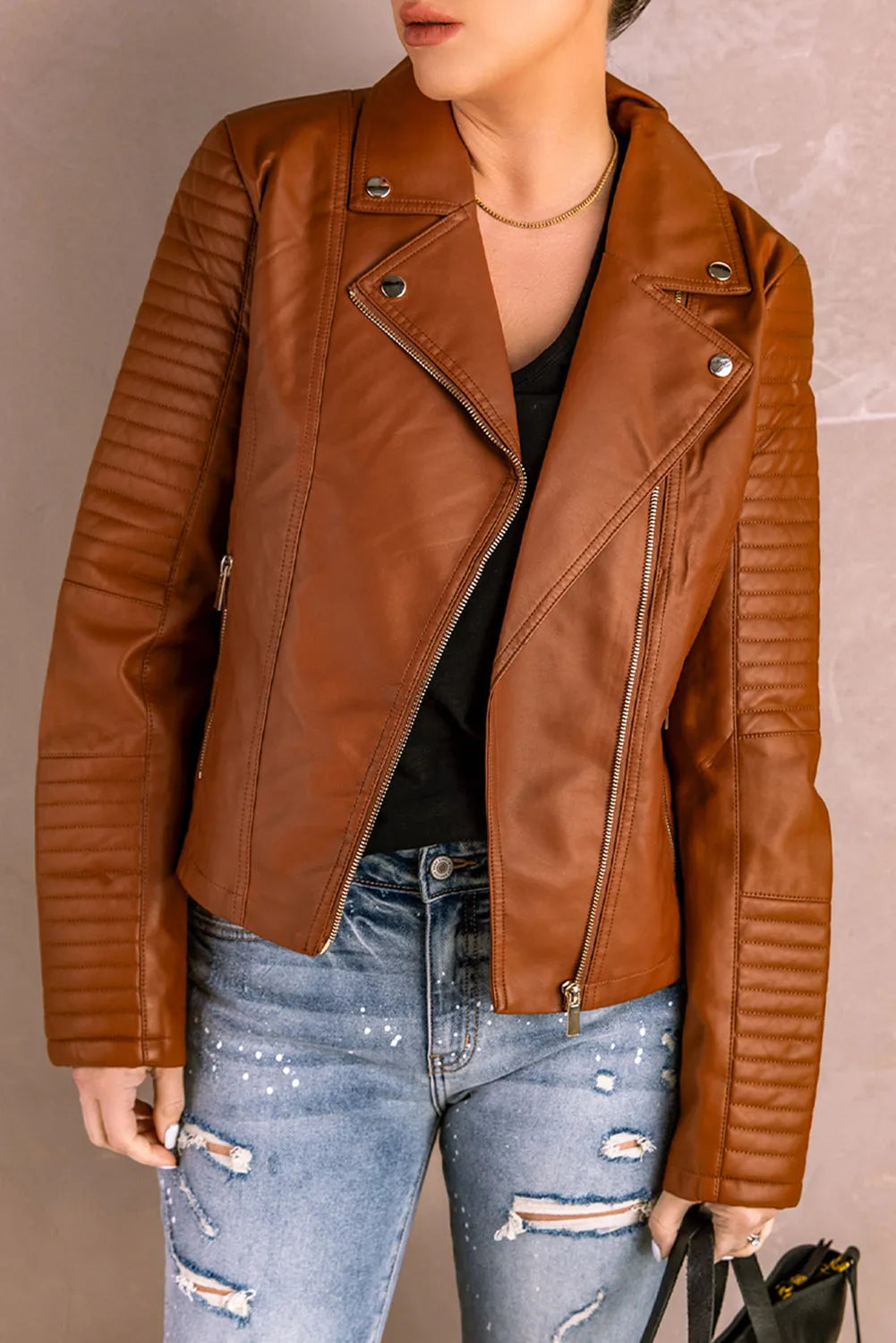 Brown Ribbed Seam Detail Faux Leather Zipped Motorcycle Jacket - Chic Meadow Boutique 