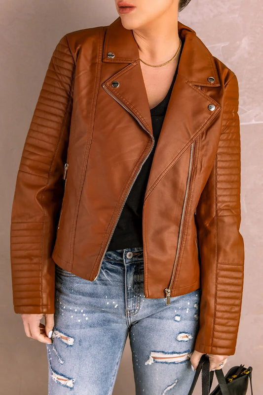 Brown Ribbed Seam Detail Faux Leather Zipped Motorcycle Jacket - Chic Meadow Boutique 