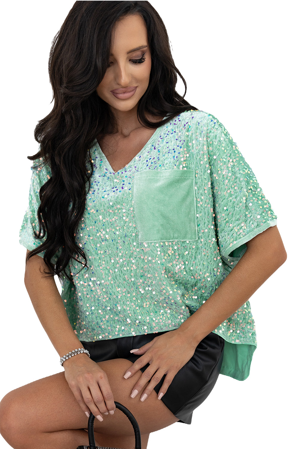 Moonlight Jade Sequin Batwing Sleeve V Neck Velvet Blouse