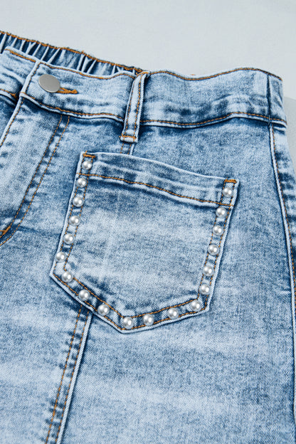 Beau Blue Frayed Studded Detail Wide Leg Pocketed Jeans