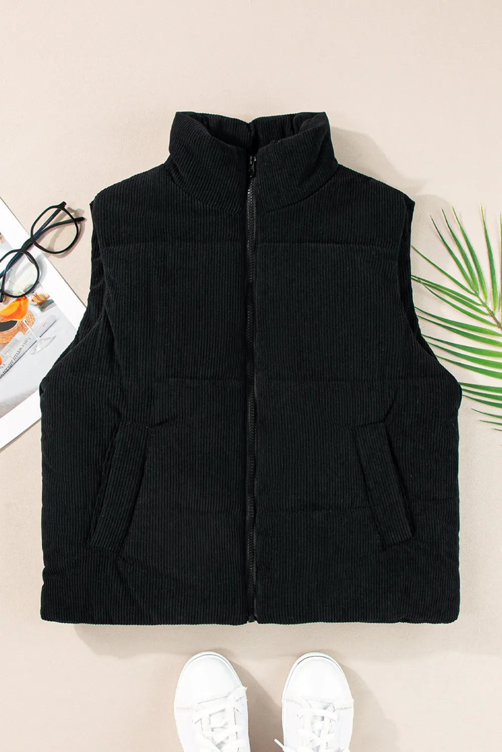 Black Corduroy Stand Neck Zipped Puffer Vest - Chic Meadow Boutique 