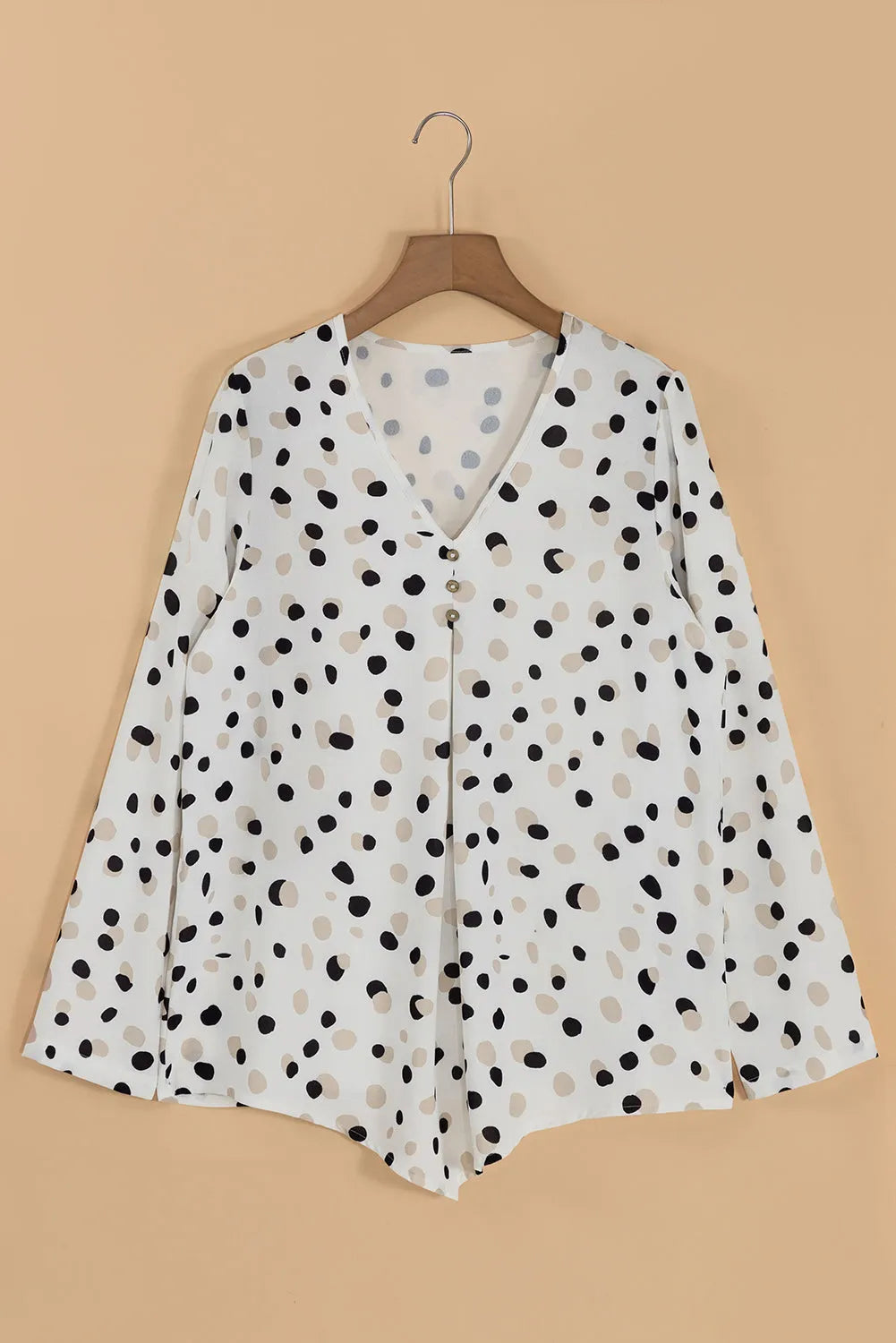 White Polka Dot Print Button Front V Neck Blouse - Chic Meadow Boutique 