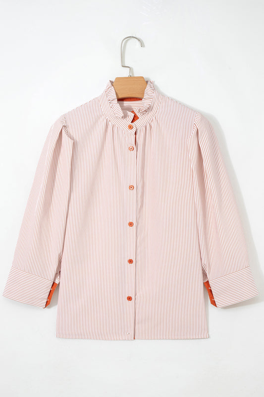 Khaki Stripe Color Block Patchwork Detail Frilled Collar Button Down Shirt