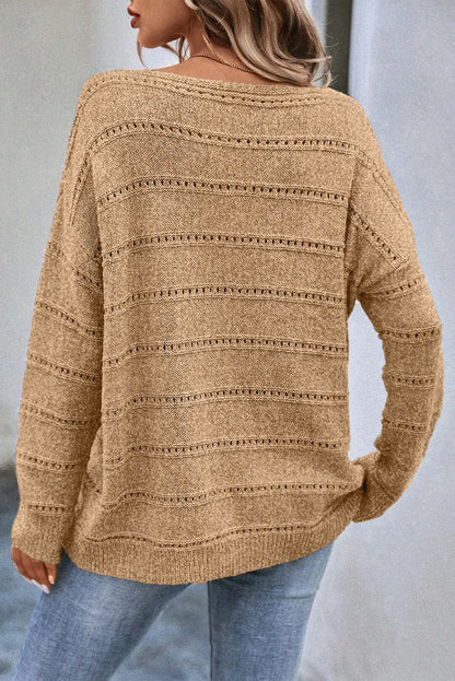 Pale Khaki Boat Neck Drop Shoulder Pointelle Knit Sweater - Chic Meadow Boutique 