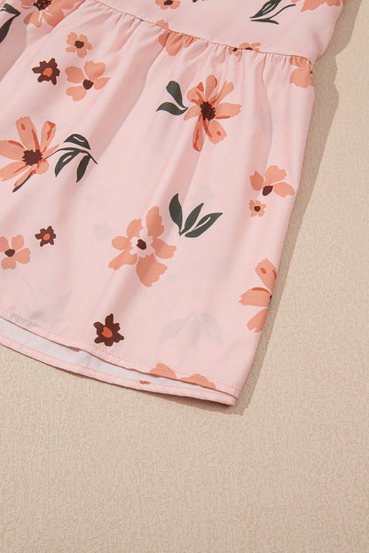 Pink Floral V Neck Smocked High Waist Ruffle Hem Long Dress