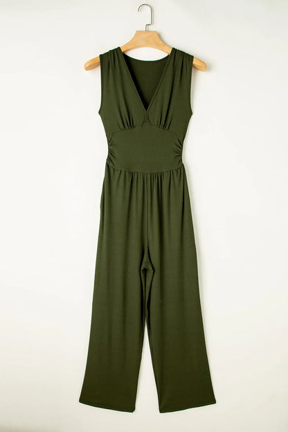 Moss Green Sleeveless V Neck Ruched Wide Leg Jumpsuit - Chic Meadow Boutique 