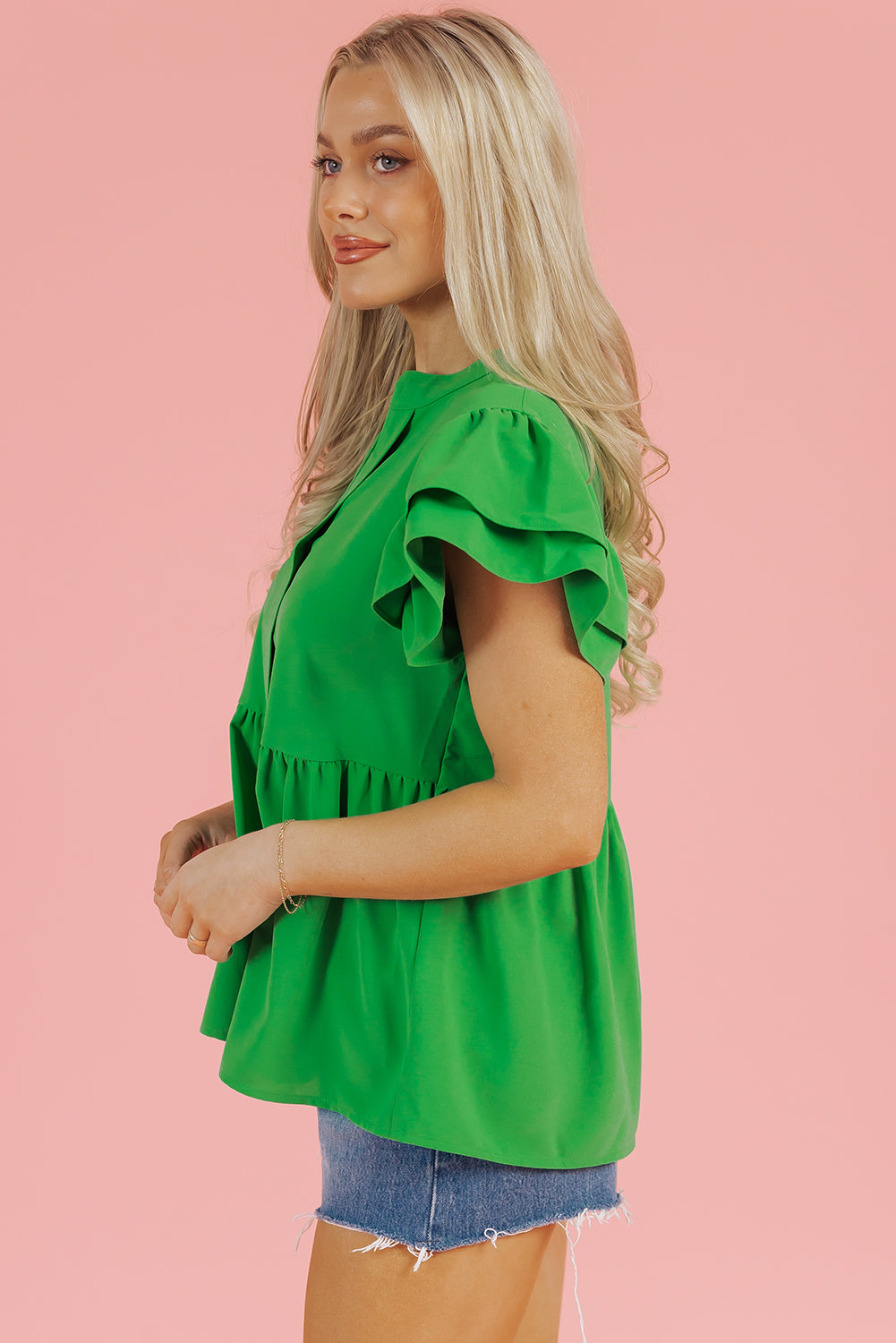 Bright Green Double Ruffle Sleeve Split V Neck Peplum Blouse