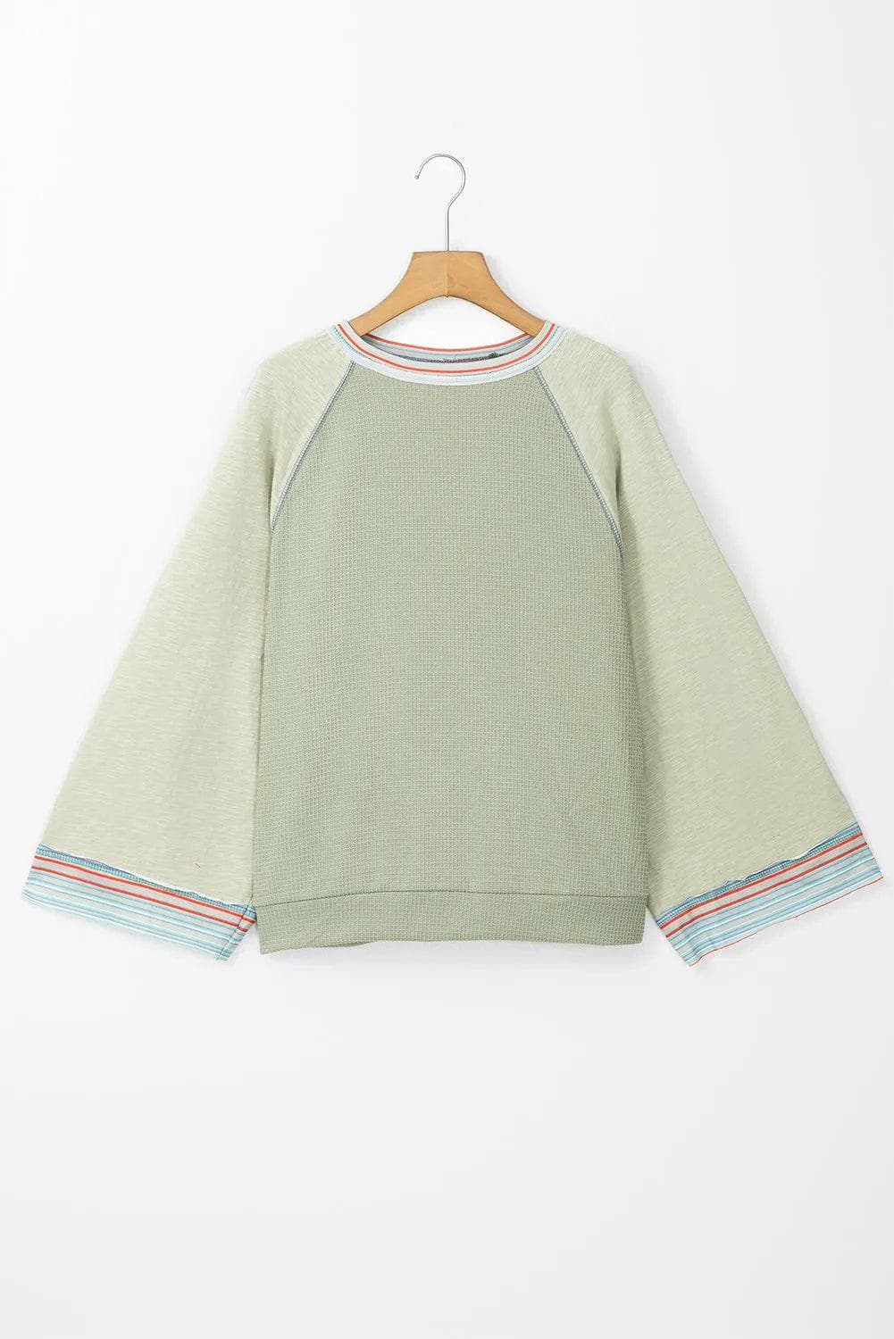 Tops/Long Sleeve Tops Meadow Mist Green Waffle Knit Wide Bracelet Sleeve Patchwork Raglan Top