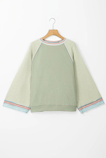 Tops/Long Sleeve Tops Meadow Mist Green Waffle Knit Wide Bracelet Sleeve Patchwork Raglan Top