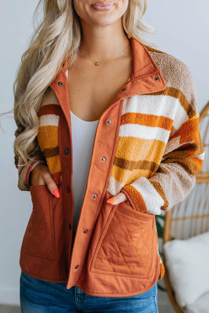 Brown Quilted Patch Pockets Aztec Furry Jacket - Chic Meadow Boutique 