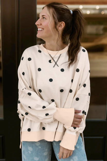 Beige Loose-fit Long Sleeve Round Neck Polka Dot Tunic Sweatshirt