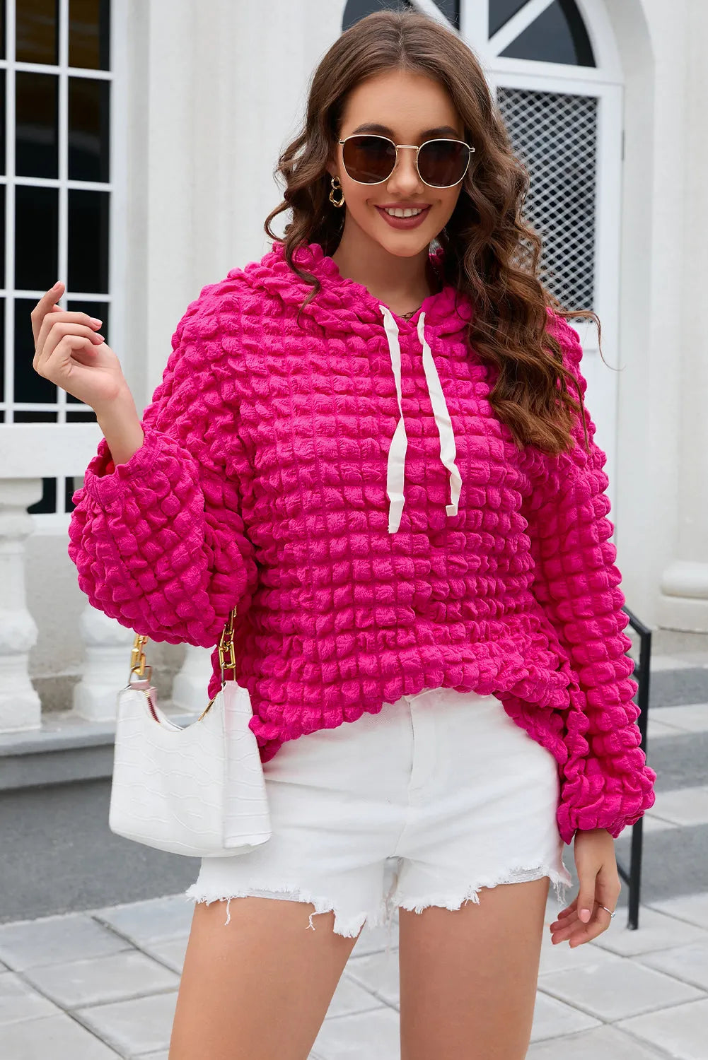 Rose Bubble Textured Waffle Hoodie - Chic Meadow Boutique 