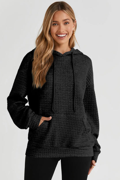 Black Quilted Kangaroo Pocket Drawstring Hoodie - Chic Meadow Boutique 