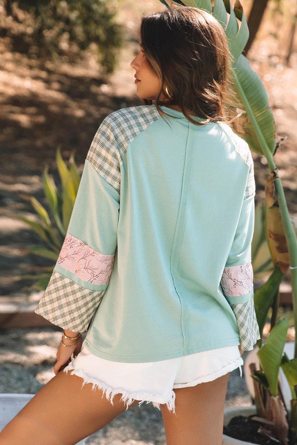 Tops/Long Sleeve Tops Clearly Aqua Plaid Floral Peace Heart Graphic Wide Long Sleeve Top