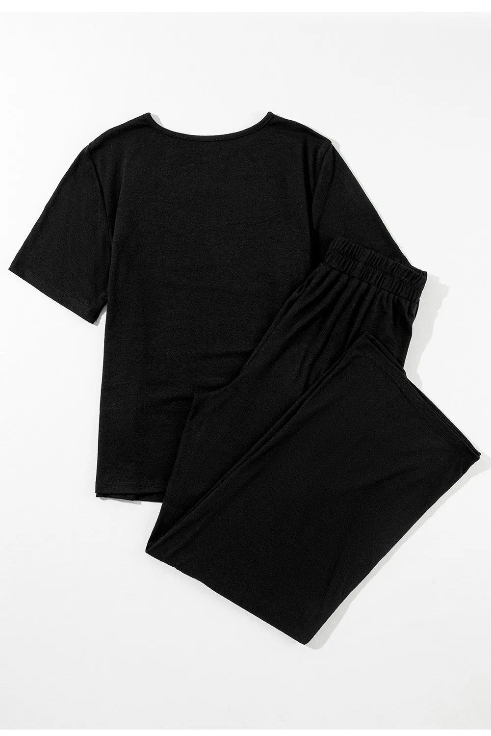 Black Solid Color T Shirt 2pcs Wide Leg Pants Set - Chic Meadow Boutique 