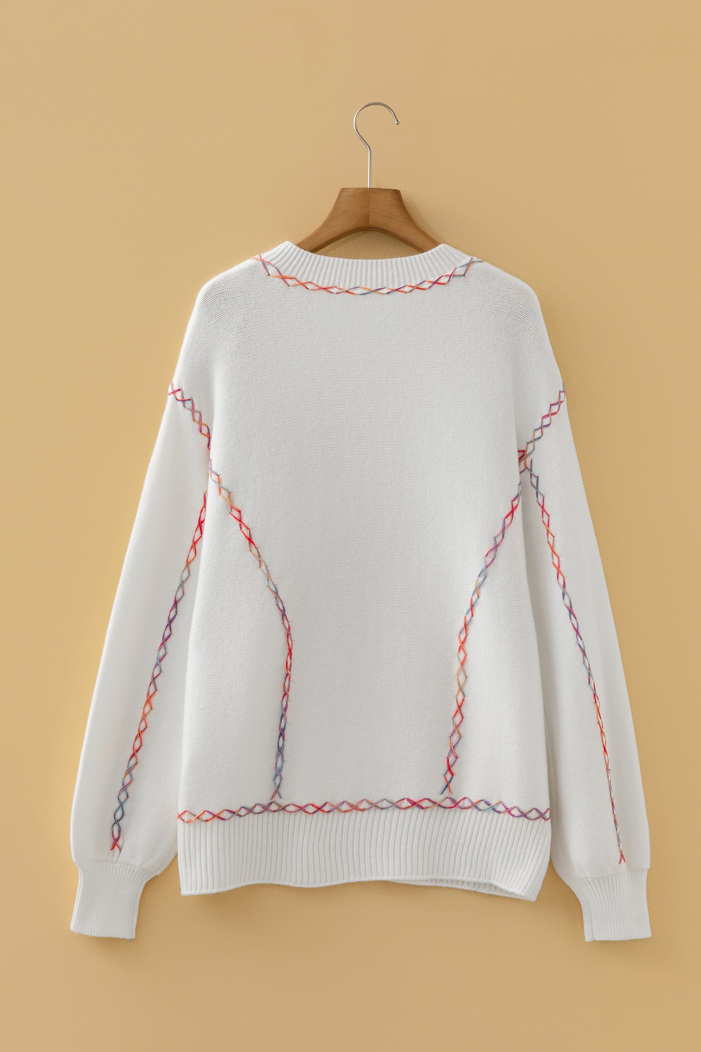 White Rainbow Stitching Balloon Sleeve Relaxed Sweater