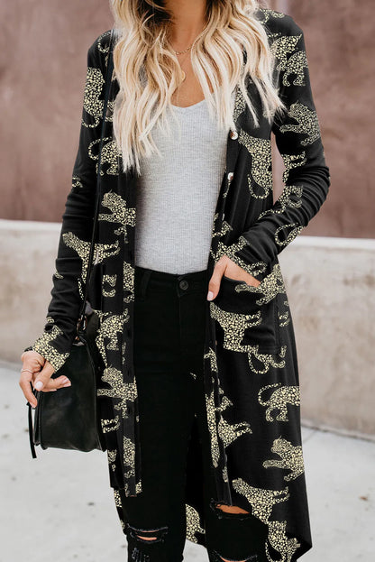 Black Printed Animal Print Ribbed Knit Cardigan - Chic Meadow Boutique 