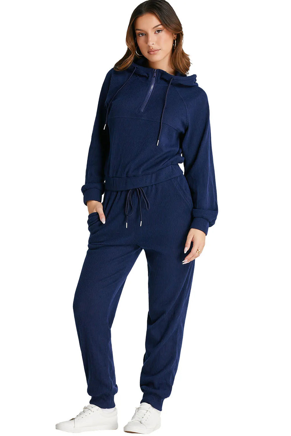 Navy Blue Ribbed Knit Cropped Hoodie and Drawstring Joggers Set - Chic Meadow Boutique 