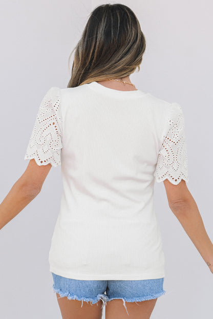 White Eyelet Pattern Short Sleeve Patchwork Ribbed Top