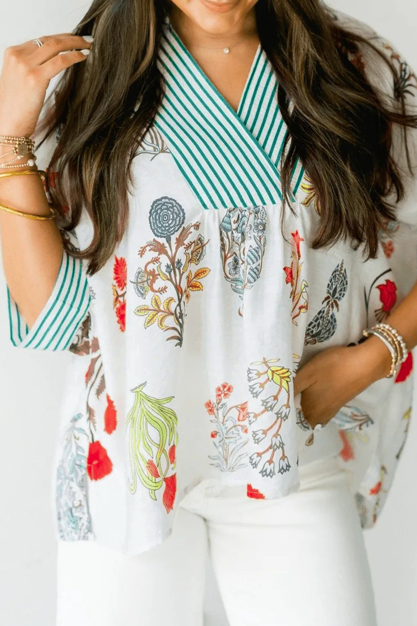 Beige Floral Print Striped Contrast Trim V Neck Half Sleeve Blouse