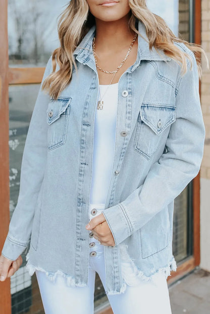 Sky Blue Flap Pocket Buttoned Raw Hem Denim Jacket - Chic Meadow Boutique 