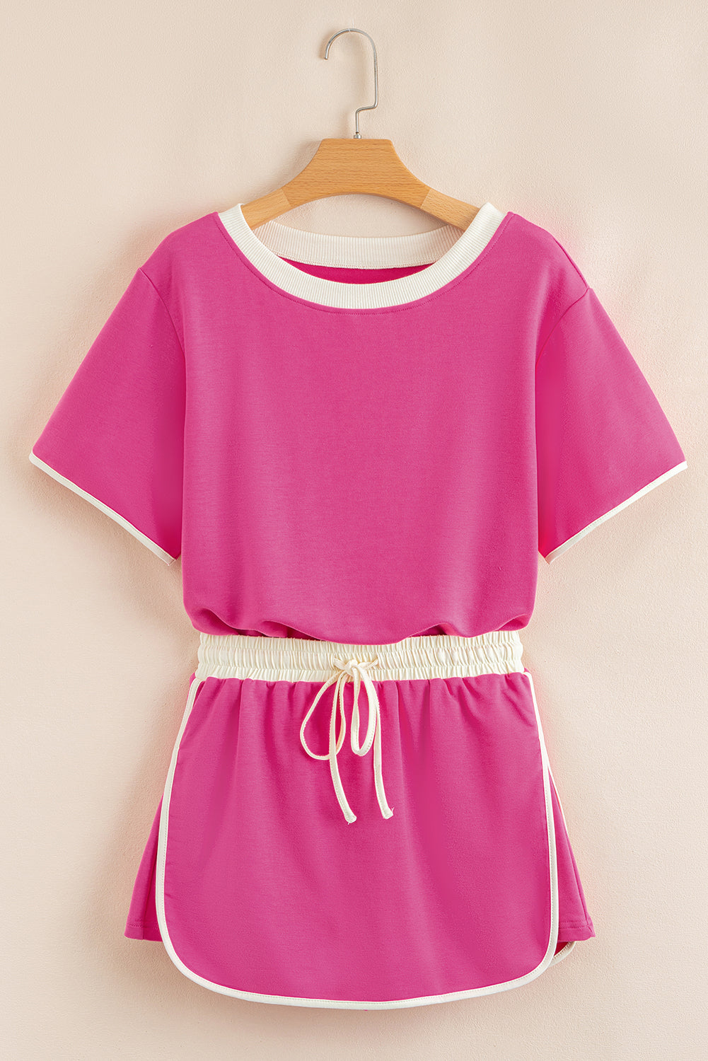 Rose Red Colorblock Edge Drop Shoulder T Shirt and Skort 2Pcs Set