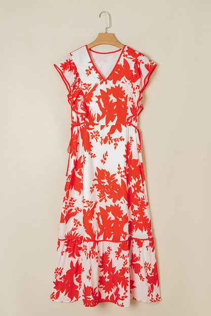 Red Floral Print Trimmed V Neck Ruffle Sleeve Long Dress