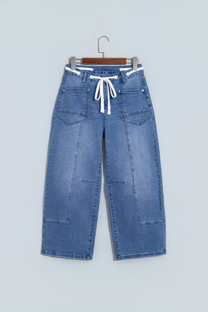 Beau Blue Solid Patchwork Grommet Tie Waist Loose Ankle-Length Jeans