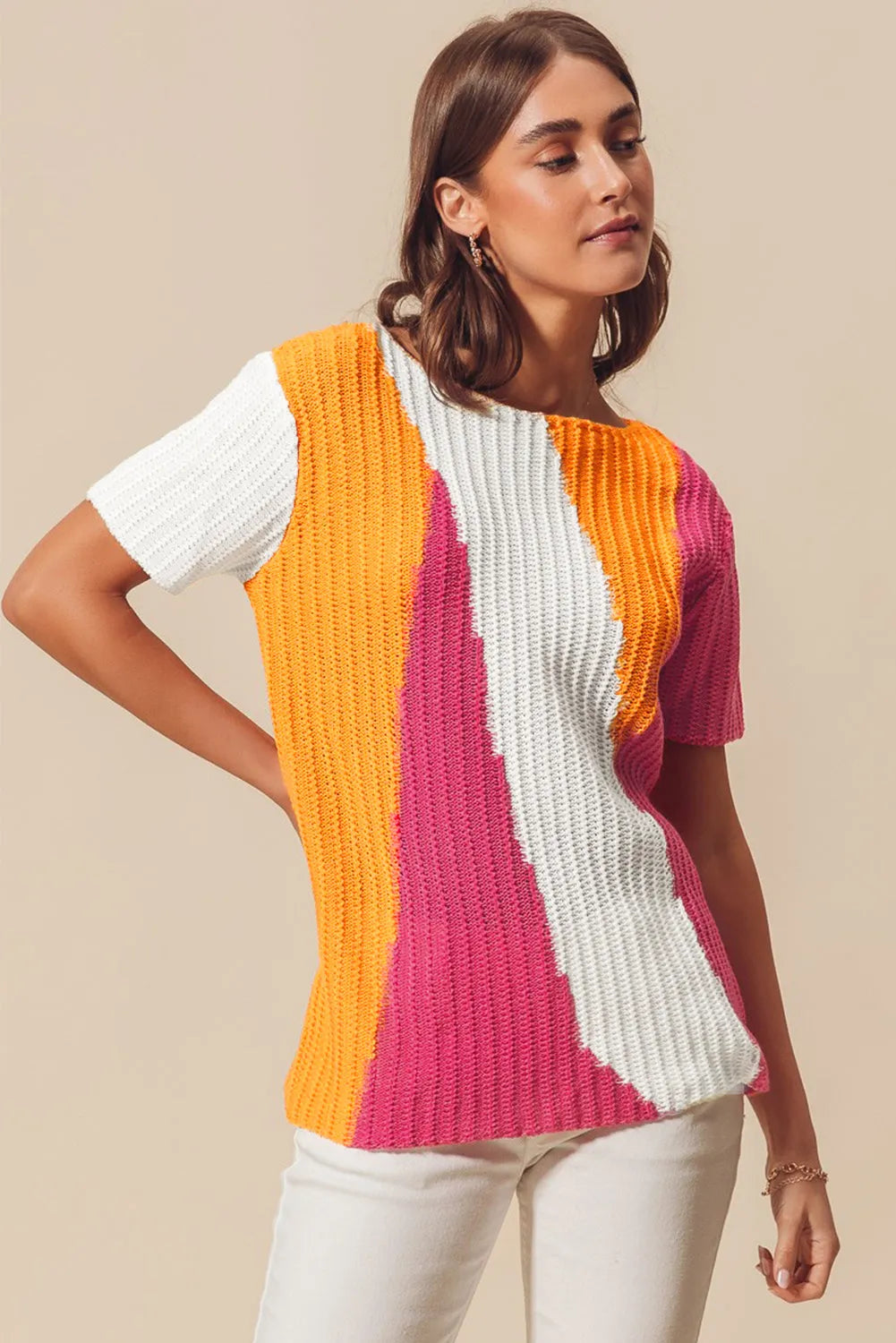 Tops/Short Sleeve Sweaters Orange Textured Knit Colorblock Short Sleeve Sweater