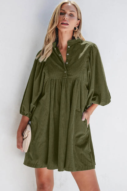 Vineyard Green Corduroy Snap Buttons Empire Waist Bracelet Sleeve Dress - Chic Meadow Boutique 