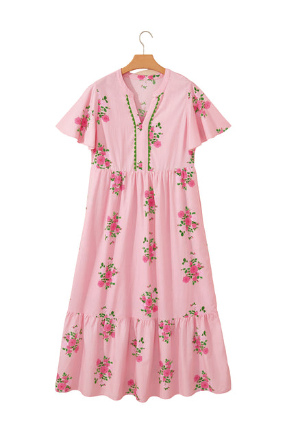 Pink Notched Neck Flutter Short Sleeve Floral Print Maxi Dress