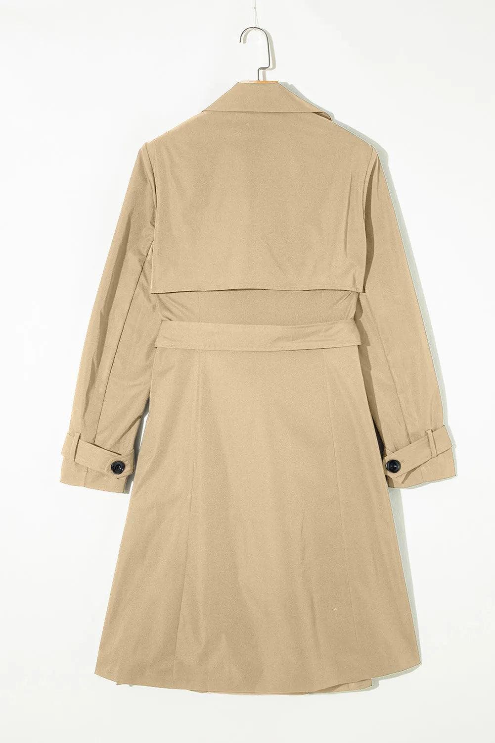 Outerwear/Coats Pale Khaki Solid Color Lapel Collar Waist Tie Wind Coat