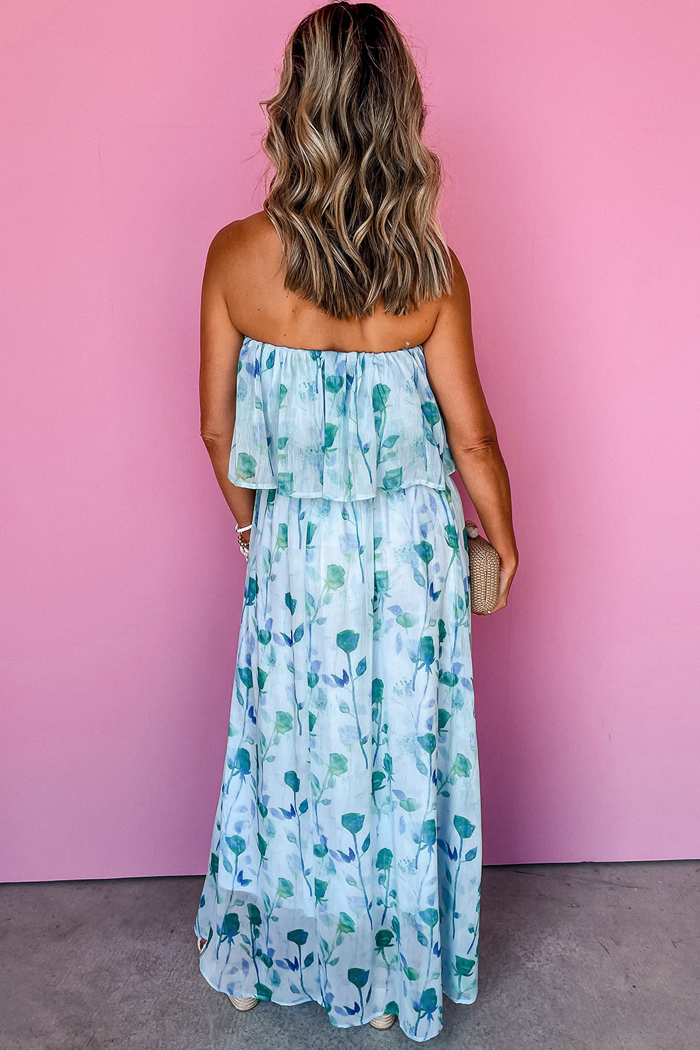 Green Floral Print Ruffled Side Slit Tube Top Maxi Dress