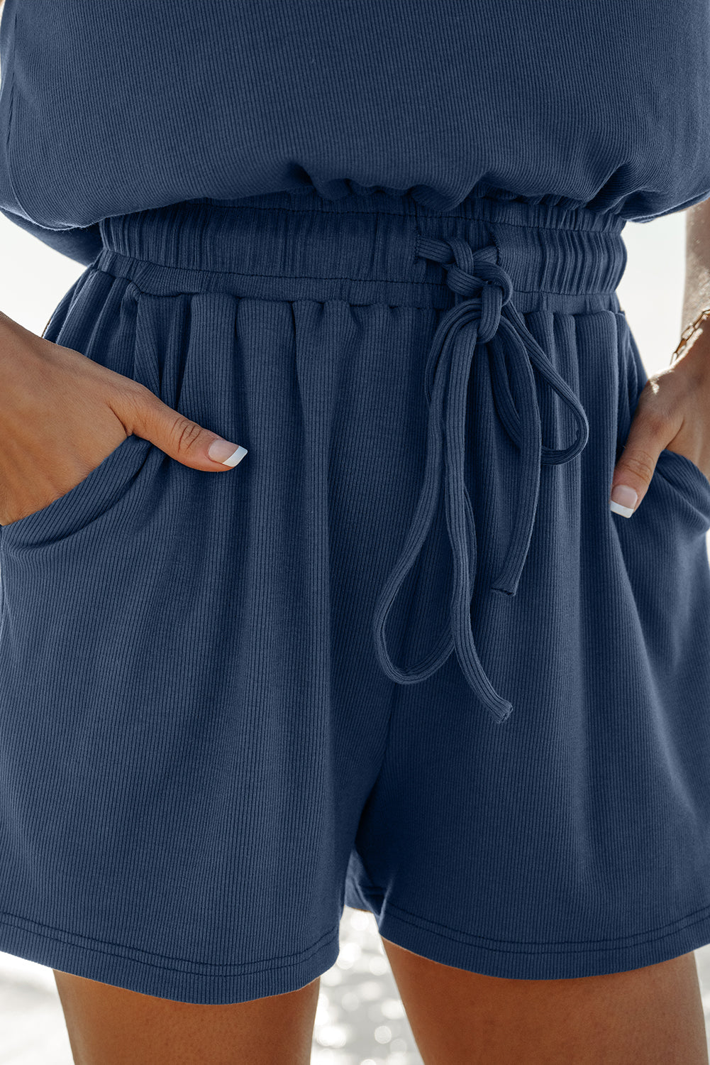 Ashleigh Blue Knit Open Back Cap Sleeve Drawstring Romper